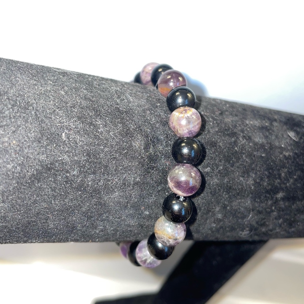 Handmade phantom amethyst and glass beaded bracelet